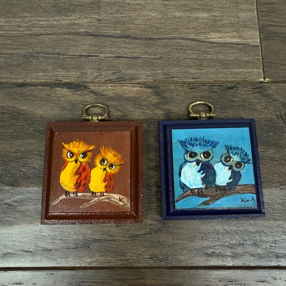 Other - Set of 2 Vintage Hand Painted Owl Mini Wall Art Wood Frames KVA Signed